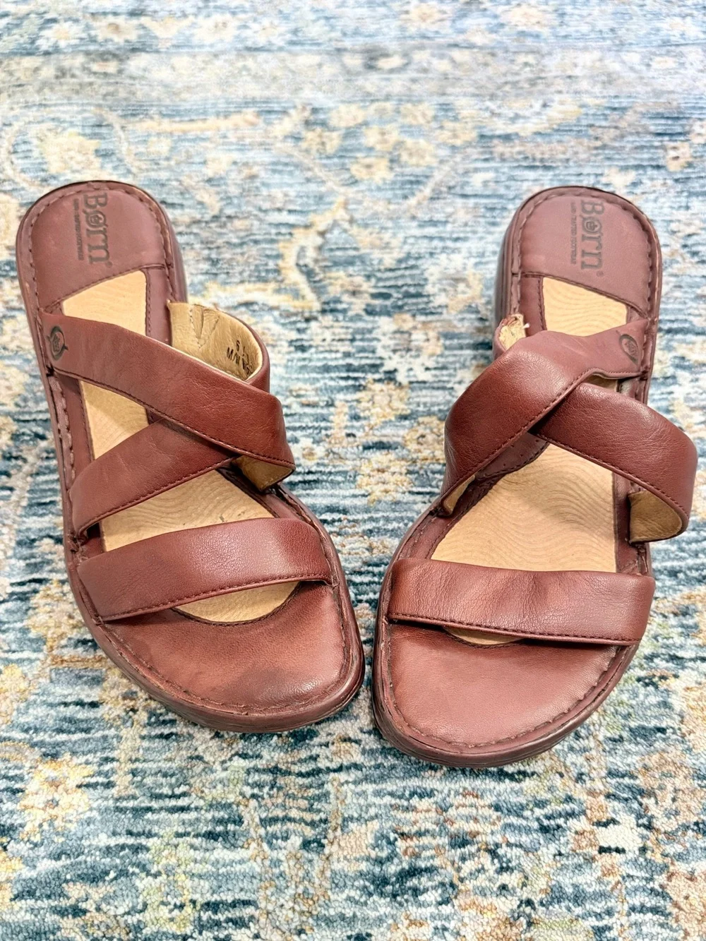 Born Leather Strappy Chunky Wedge Mule Sandals Boho Chic Y2K Retro
